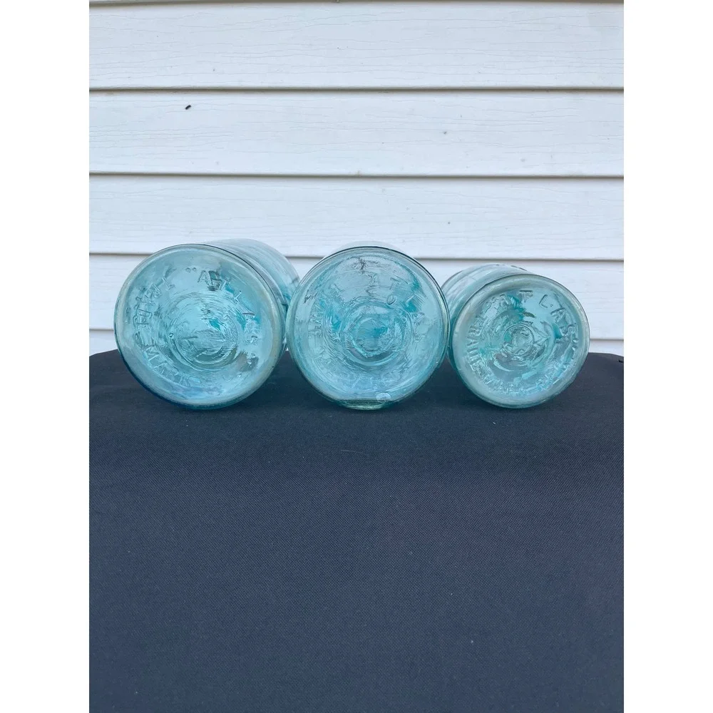 Atlas E-Z Seal Vintage Aqua Blue Glass Mason Jars Wire Bail Set of 3